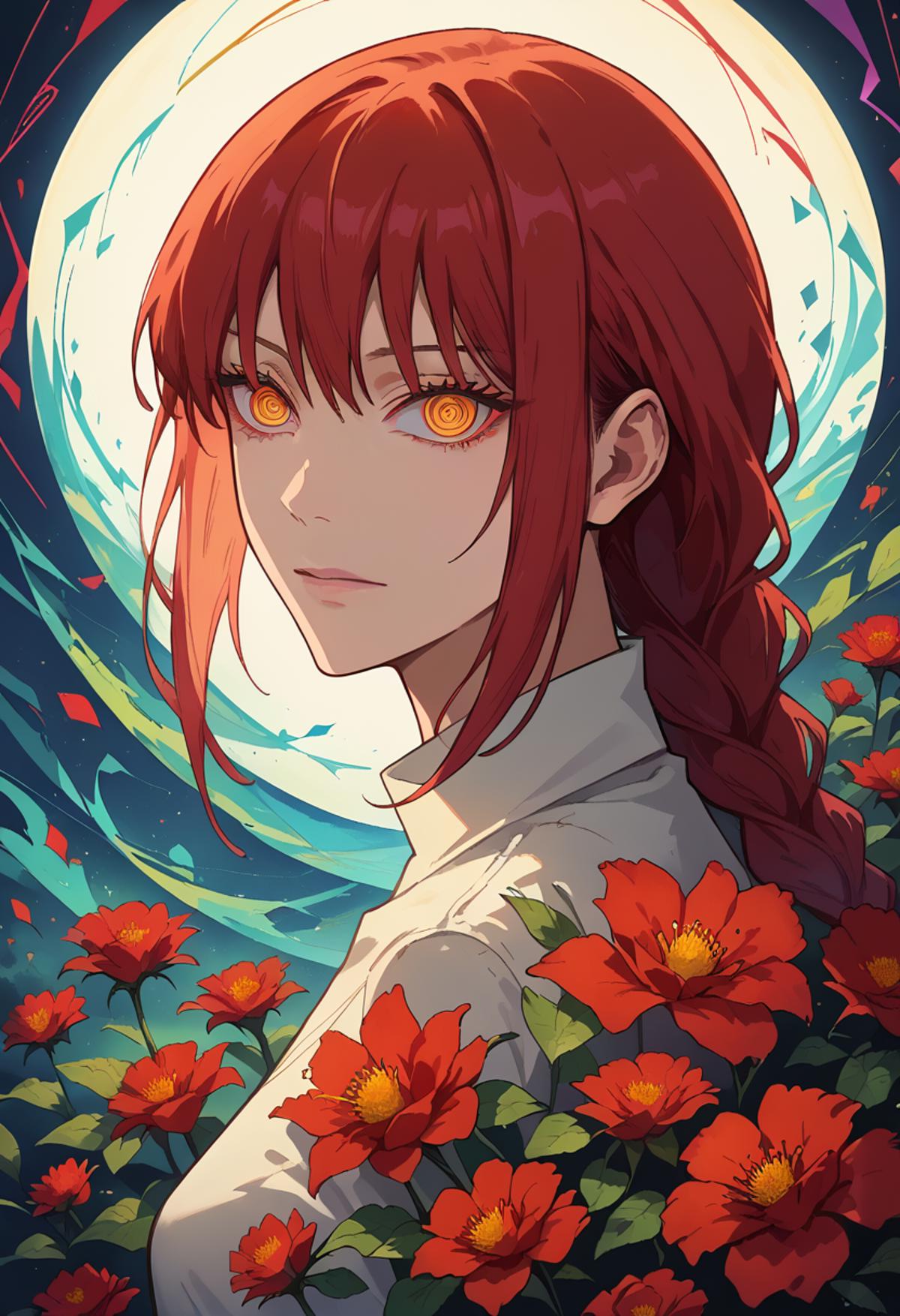 A woman with red hair and yellow eyes stands in a field of flowers ...