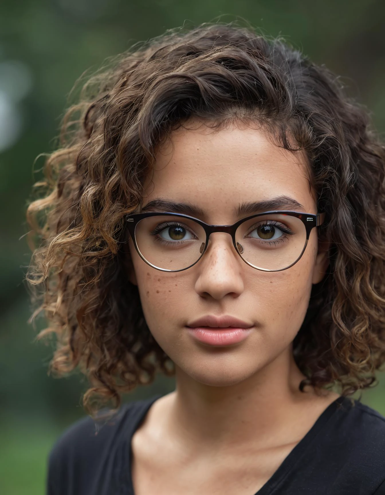 short light skinned black female, long curly with no frizz brown hair, glasses, freckles, brown eyes, no imperfections, 8k, UHD, masterpiece