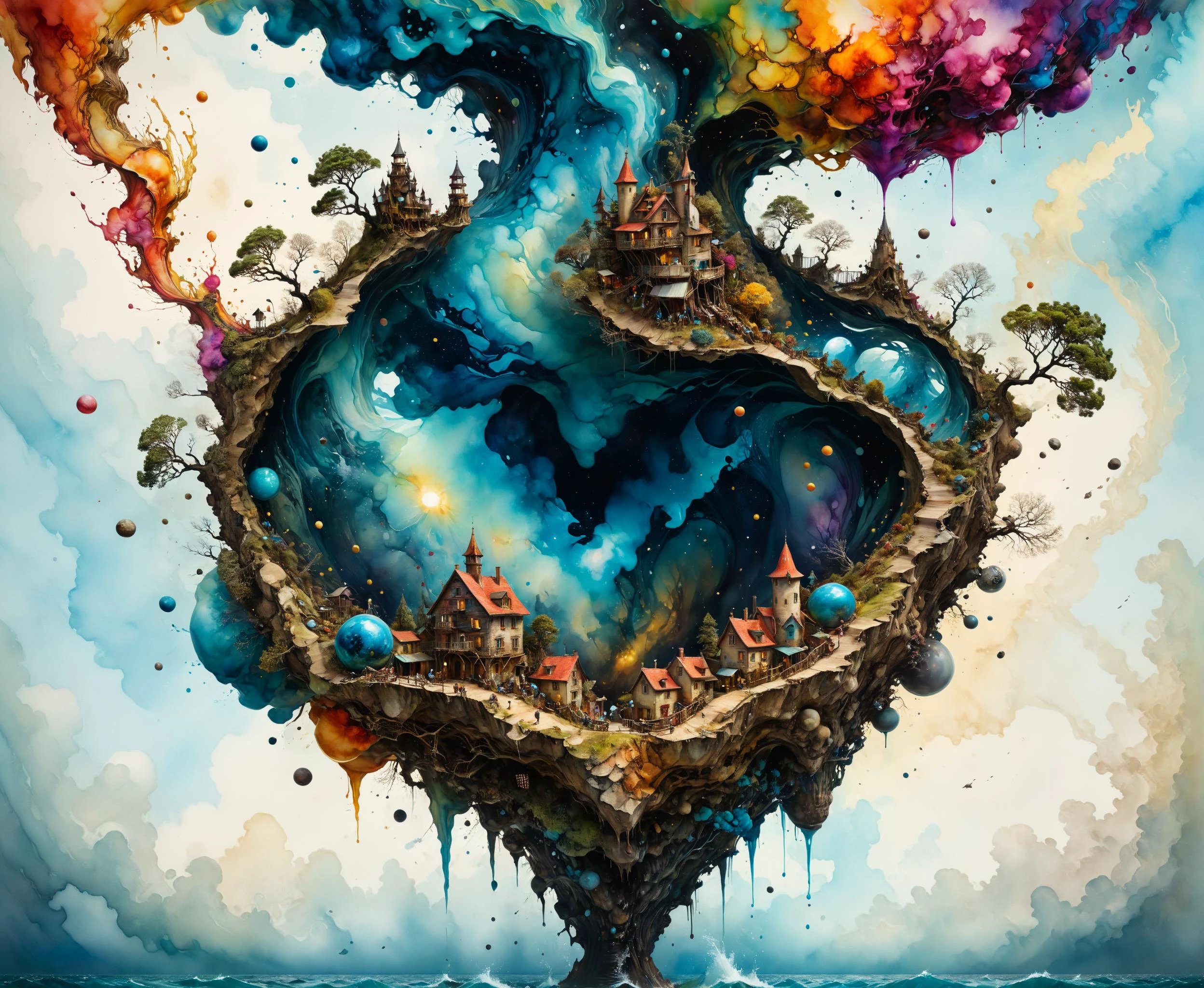 harmony imagination of the struggle to make a perfect life for a connected peaceful humankind inside of a crazy mind ,alcohol ink paint by Marc Simonetti, Alberto Seveso, Jeremy Geddes, Gediminas Pranckeviciu, Igor Ozhinga, Thomas Kinkade, Jean Baptiste Mongue, James Christensen, cinematic lighting, highly detailed, sharp focus, perfect balanced style, intricately features, amazing depth, maximalism, watercolor splash, little colors, smooth, surreal masterwork by head of prompt engineering <lora:hyperkraximalism:0.5> <lora:xl_more_art-full_v1:0.45>