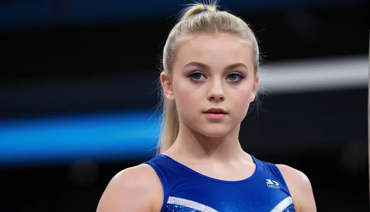 A well-lit candid photograph of a 18 year old woman, ((full body)), looking into the camera,
Scandinavian, blonde hair, blue eyes, makeup, dark eyeshadow, eyeliner, small breasts, ponytail,
performing in a gymnastics competition, balance beam,
wearing a stylish gymnastics leotard, olympics, thick thighs
<lora:LowRA:0.4>