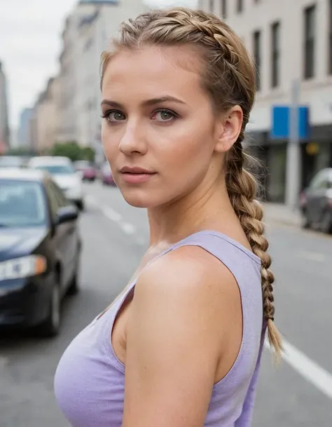 RAW photo portrait
gold hair, medium hair, side braid, lavender eyes, thick, sleeveless shirt, medium breasts
Busy City Street in background
 <lora:add-detail-xl:1.0>