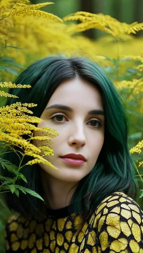 portrait, face, mosaic , Novella Nelson mixed with Lauren Tom mixed with Emma Roberts, dark forest green haired, Photograph by Bill Brandt, Dreamcore, Laundromat, light goldenrod yellow and brown, insolent,