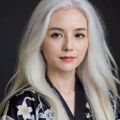 portrait, a woman with long white hair wearing a glowing black and white kimono