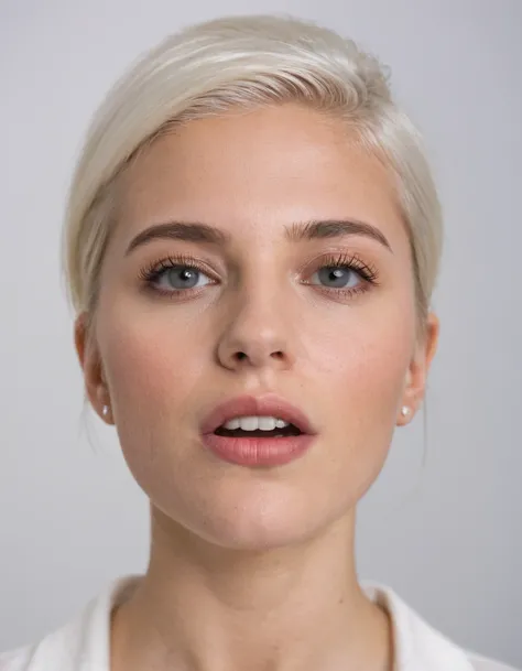 award-winning photography by John Willhelm of a young happy woman leaned forward deeply and pursed her lips, duck face lips, short white hair, wear a white glasses, flat chest, sensual, seductive, natural color lips, dynamic pose, shot with fisheye lense, extra wide angle of view, view from below, simple white background
