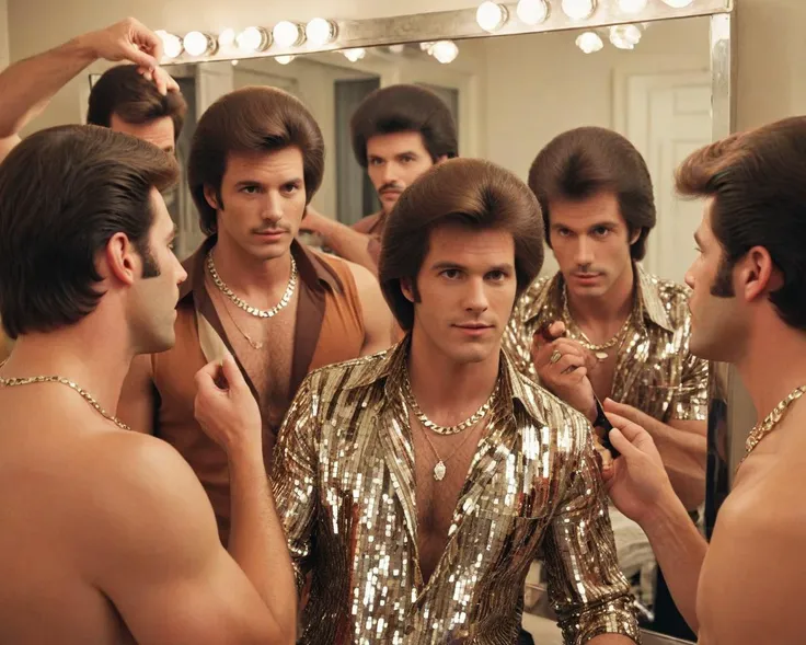 there are many men in a mirror with gold shirts