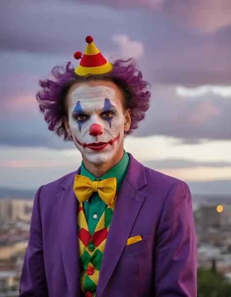 Portrait of a (clown-faced figure:1.3), (sinister smile:1.2), (smoking a cigarette:1.1), (ominous purple clouds:1.2) billowing in the background, urban skyline, (vivid purple suit:1.1), green vest, (styled hair:1.1), (face paint:1.2), (intense gaze:1.2), foreboding atmosphere, high-resolution detail, cityscape, dynamic composition, 4K quality, atmospheric lighting, Nikon D850, 1/125s, f/2.8, ISO 64, (captivating presence:1.3), digital art, professional grade,