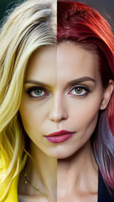 portrait, face, damaged , Melissa Baker mixed with Kim Lemanton mixed with AnnaLynne McCord mixed with Alice Brady, lemon yellow haired, Photograph by Angela Grauerholz, Military, lawyer, medium violet red and steel blue, moody,