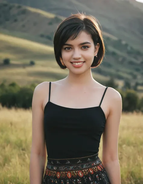 beautiful girl standing with beautiful vally in background, age 20, black short hair, waist shot, dynamic pose, smiling, dressed in fashion outfit, beautiful eyes, sweet makeup, 35mm lens, beautiful lighting, photorealistic, soft focus, kodak portra 800, 8k, UHD, masterpiece