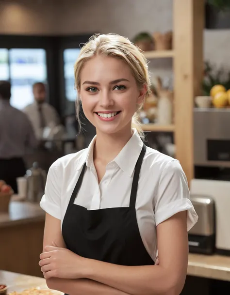 a woman in an apron standing in front of a counter with a plate of food