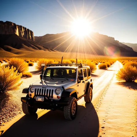 jeep Nevada desert sundown sunflare