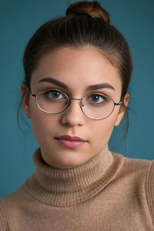 Head to toe shot of a young woman age 30, with a soft curvy shape, with striking light blue eyes, long eyelashes, and well-defined eyebrows. The focus is sharp on her chest with a dark studio, rim lighting, two tone lighting, dimly lit, low key background that creates a shallow depth of field. Her brunette hair in a bun frames her face, and the image has a cool color tone with a natural light setting. The composition is centered, creating an intimate and engaging portrait with a sense of mystery, (light brown tan skin, wide hips), (slim waist), fitball, ball, sitting, eye glasses,
aran sweater,
sideboob, sleeveless turtleneck, areola slip, sweater dress, ass, butt crack,