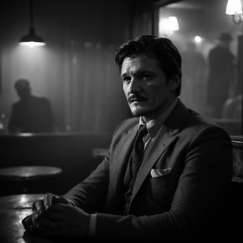 pedro Pascal sitting in a smoky cafe, film noir look, shadows, hazy room, film grain, dramatic lighting, cinematic, intriguing, extremely detailed, brooding, dark and moody, thriller, dark, mysterious, dslr, pen, detective