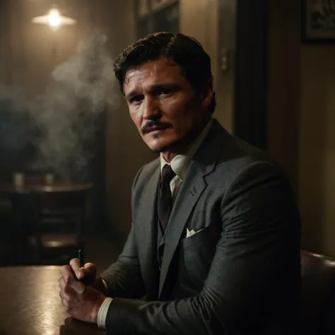 film noir, pedro Pascal sitting, smoky cafe, suave, shadows, hazy room, (movie still:0.2), film grain, dramatic lighting, cinematic, intriguing, extremely detailed, captivating, natural, stern face, detailed skin, brooding, dark and moody, thriller, dark, mysterious, dslr, pen, detective