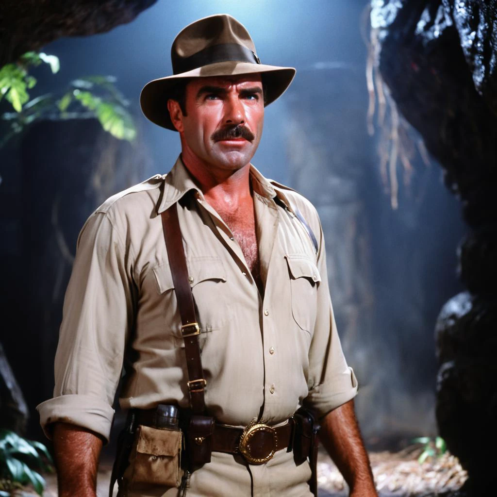 Tom Selleck as Indiana Jones in the temple of doom, cinematic lighting, 1980s, film grain