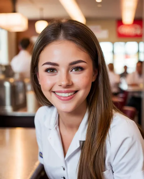 beautiful woman, waitress, waitress uniform, diner, brown hair, large smile, perfect teeth, long hair, bokeh, face portrait, (freckles:0.7), grainy, highly detailed, skin details, happiness, stunning eyes <lora:elisha-xl-v1:0.6> <lora:offset_0.2:0.2>
