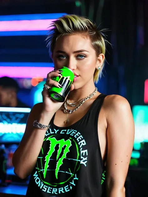 Miley Cyrus drinking monster energy, cyberpunk, nighttime, neon, monster energy logo on clothes,