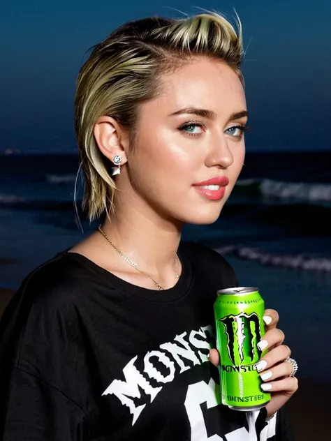 Miley Cyrus drinking monster energy, on a beach, nighttime, monster energy logo on clothes,