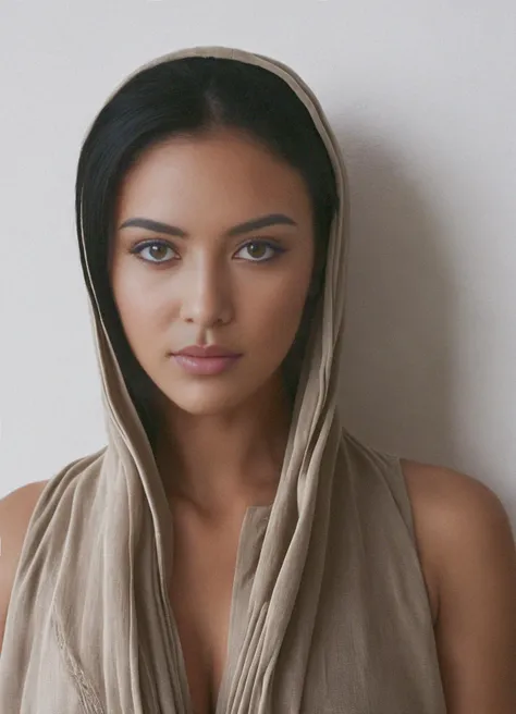 Young woman, olive complexion, straight black hair at shoulder length, dark brown eyes, subtle eye makeup, full lips, neutral lipstick, beige draped headscarf, soft textured fabric, sleeveless beige top, exposed collarbone, soft natural lighting, serene atmosphere, neutral light background, clean minimalistic style, sophisticated elegance, portrait orientation.
woman with (tanned olive skin: 1.5), (((creole ethnicity))), a symmetric average face, a relaxed and energetic gaze, fuller cheeks with dimples, white teeth, (jet black hair: 1.5), (mid-length hair: unkempt: right past her shoulders: 1.5), a (soft jawline: 1.25), (abs: 1.5),medium height of forehead, she has a (fit tone: 1)