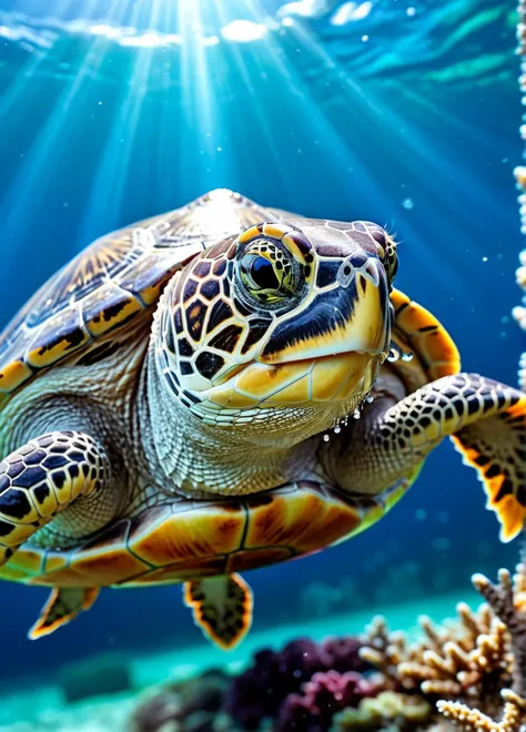 (((professional image))), ((masterpiece)), ((futuristic picture)), Daily Theme: Underwater, The Turtles, Miki Asai Macro photography, close-up, hyper detailed, trending on artstation, sharp focus, studio photo, intricate details, highly detailed, by greg rutkowski, modern, minimalist, graphic, line art, vector graphics, very detailed, ((frame filled with various details)), soft lighting, (Highly Detailed:1.6), <lora:add-detail-xl:1.2>, ((64 megapixels)), HDR, (((ultra high quality))), the picture is filled with many small details, <lora:more_details:0.8>, ((super best quality)).