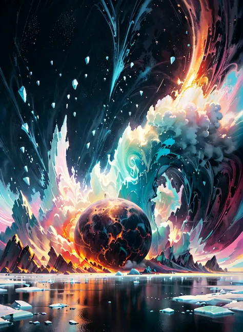 ((Cinematic film screensaver)), (((futuristic picture))), ((birth of the planet)), celestial action scene, science fiction film Solaris, story Stanislav Lem, science fiction space, a small spaceship is offset from the center to the right, science fiction story about space travel, volcano planet, ((fire)), air currents, water drops, painted world, colorful splashes, <lora:Painted World:0.9>, tender, soft pastel colors, (smoke effect), ice, <lora:Ice:0.3>, soft natural volumetric light, atmospheric, sharp focus, centered composition, complex background, soft haze, masterpiece, animalistic, beautiful, tiny detailed, ultra fine, dramatic lighting, (full body realistic photo), ((frame filled with various details)), soft lighting, (Highly Detailed:1.6), <lora:add-detail-xl:1.2>, ((professional photo)), ((64 megapixels)), HDR, (((ultra high quality))). <lora:Ice:1>
