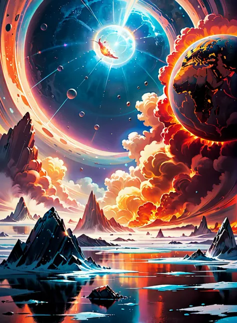 ((Cinematic film screensaver)), (((futuristic picture))), (birth of the planet), celestial action scene, science fiction film Solaris, story Stanislav Lem, science fiction space, a small spaceship is offset from the center to the right, science fiction story about space travel, volcano planet, ((fire)), air currents, water drops, painted world, colorful splashes, <lora:Painted World:0.7>, tender, soft pastel colors, soft natural volumetric light, atmospheric, sharp focus, centered composition, complex background, soft haze, masterpiece, animalistic, beautiful, tiny detailed, ultra fine, dramatic lighting, (full body realistic photo), ((frame filled with various details)), soft lighting, (Highly Detailed:1.6), <lora:add-detail-xl:1.2>, ((professional photo)), ((64 megapixels)), HDR, (((ultra high quality))).