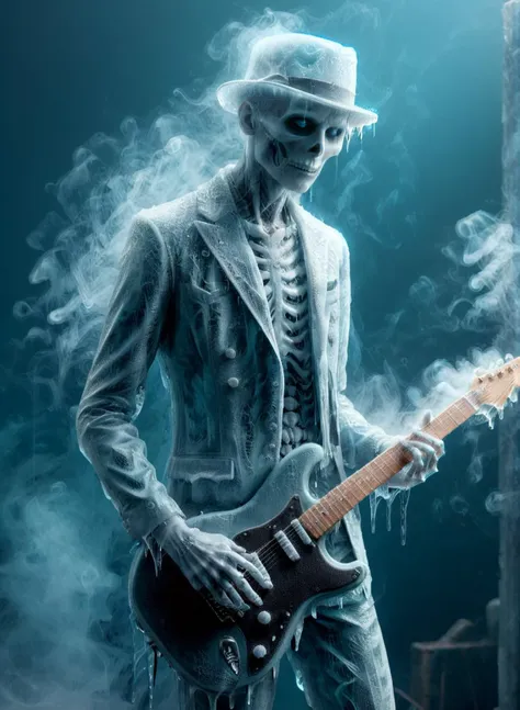 ((Cinematic film screensaver)), (full body realistic photo), (((a phantom skeleton playing the blues on a guitar))), head hung down, bowler hat, blues suit, (((graveyard))), ((cemetery)), ((necropolis)), ral-zmbyz, <lora:ral-zmbyz:0.5>, (graves), <lora:talesofthegraveyard:0.5>, (crosses), ((ghostly skeletons of women in dresses stand nearby)), moonlit night, striving for masterpiece status, dramatic lighting, golden ratio, 8k resolution, (mysterious), (beautiful anatomically correct eyes), anatomically correct structure of fingers and toes, five fingers on the hand, full screen body height, (everything is in icy tones), ((a painting made of ice)), (((smoke effect))), <lora:Ice:1.2>, ((frame filled with various details)), ((raining)), soft lighting, (Highly Detailed:1.4), <lora:add-detail-xl:0.9>, professional photo, ((64 megapixels)), HDR, (ultra high quality).