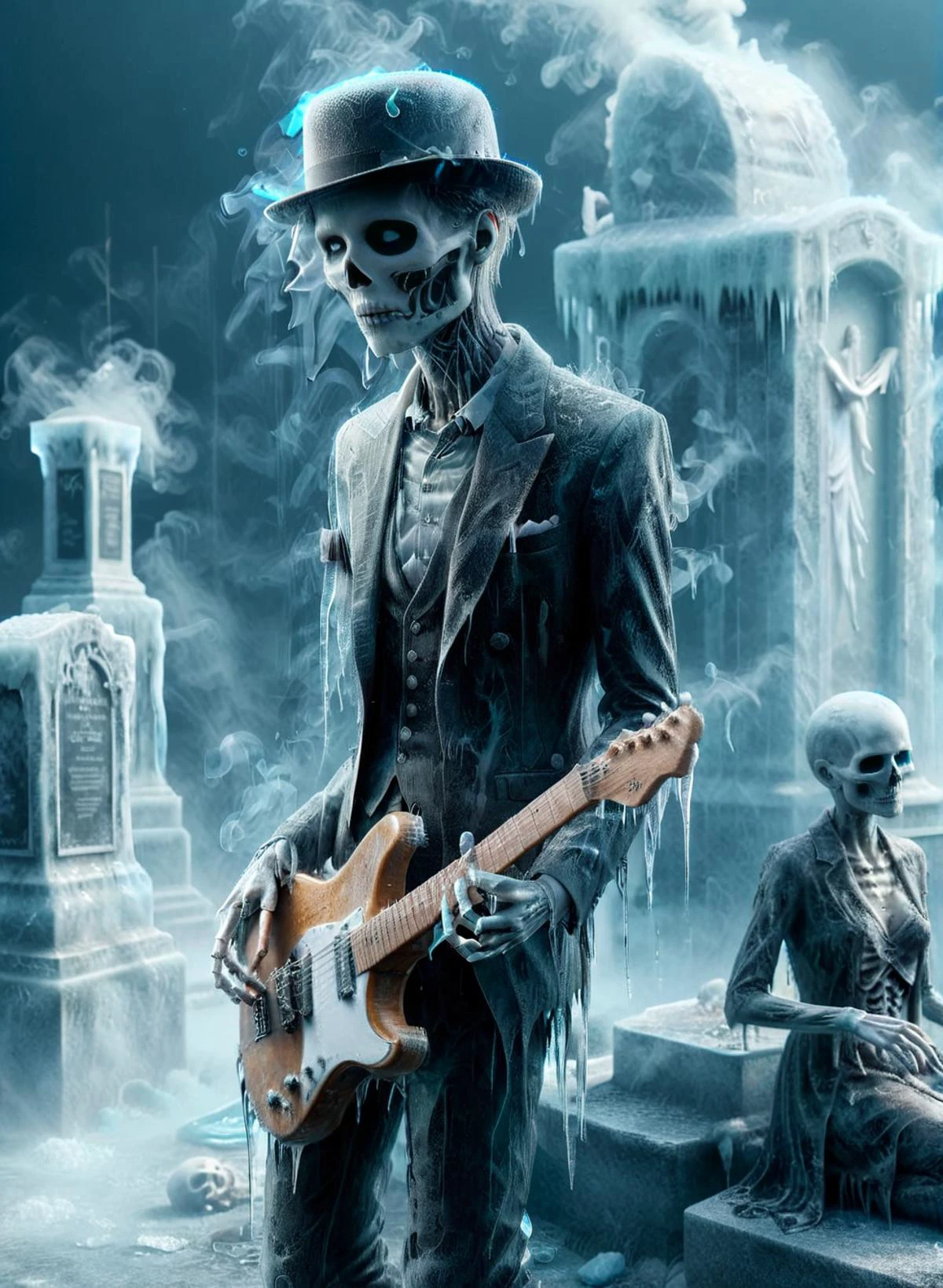 ((Cinematic film screensaver)), (full body realistic photo), ((a phantom skeleton playing the blues on a guitar)), head hung down, bowler hat, blues suit, (((graveyard))), ((cemetery)), ((necropolis)), ral-zmbyz, <lora:ral-zmbyz:0.8>, (graves), (crosses), ((ghostly skeletons of women in dresses stand nearby)), moonlit night, striving for masterpiece status, dramatic lighting, golden ratio, 8k resolution., mysterious, (beautiful anatomically correct eyes), anatomically correct structure of fingers and toes, five fingers on the hand, full screen body height, (everything is in icy tones), ((a painting made of ice)), (((smoke effect))), <lora:Ice:1.2>, ((frame filled with various details)), ((raining)), soft lighting, (Highly Detailed:1.4), <lora:add-detail-xl:0.9>, professional photo, ((64 megapixels)), HDR, (ultra high quality).