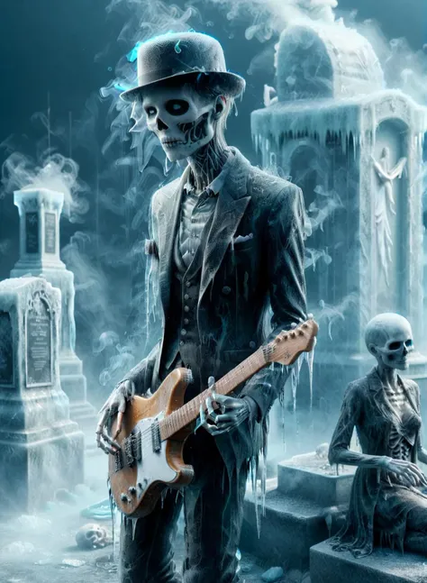 ((Cinematic film screensaver)), (full body realistic photo), ((a phantom skeleton playing the blues on a guitar)), head hung down, bowler hat, blues suit, (((graveyard))), ((cemetery)), ((necropolis)), ral-zmbyz, <lora:ral-zmbyz:0.8>, (graves), (crosses), ((ghostly skeletons of women in dresses stand nearby)), moonlit night, striving for masterpiece status, dramatic lighting, golden ratio, 8k resolution., mysterious, (beautiful anatomically correct eyes), anatomically correct structure of fingers and toes, five fingers on the hand, full screen body height, (everything is in icy tones), ((a painting made of ice)), (((smoke effect))), <lora:Ice:1.2>, ((frame filled with various details)), ((raining)), soft lighting, (Highly Detailed:1.4), <lora:add-detail-xl:0.9>, professional photo, ((64 megapixels)), HDR, (ultra high quality).