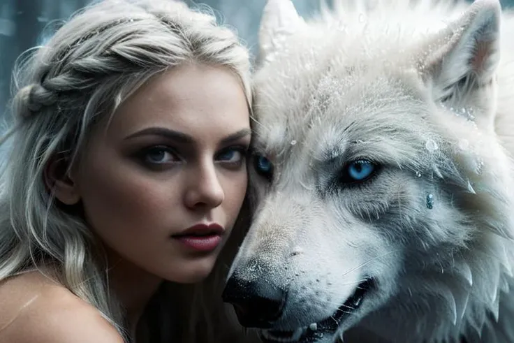 ((Cinematic film screensaver)), (((a girl hunter big beautiful breasts dressed in animal skins fights with a white wolf werewolf))), (detailed pupils:1.3), ((picture of a very fluffy white wolf being created from dense fog)), ((the dense fog transforms into a white wolf)), (snowy field), (((ice))), ((smoke effect)), <lora:Ice:0.9>, enhanced deep blue eyes, dappled lighting, Kodak film photography, close-up, (full body realistic photo), professional artwork, famous artwork, cinematic lighting, masterpiece, detailed skin, modelshoot style, (ultra realistic 8k CG), trending on ArtStation, trending on CGSociety, Intricate, High Detail, Sharp focus, ((frame filled with various details)), soft lighting, (Highly Detailed:1.6), <lora:add-detail-xl:1.2>, ((professional photo)), ((64 megapixels)), HDR, (((ultra high quality))).