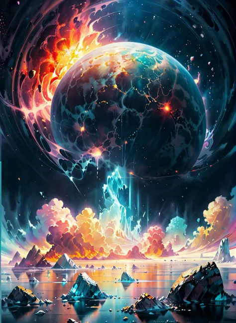 ((Cinematic film screensaver)), (((futuristic picture))), ((birth of the planet)), celestial action scene, science fiction film Solaris, story Stanislav Lem, science fiction space, a small spaceship is offset from the center to the right, science fiction story about space travel, volcano planet, ((fire)), air currents, water drops, painted world, colorful splashes, <lora:Painted World:0.9>, tender, soft pastel colors, (smoke effect), ice, <lora:Ice:0.3>, soft natural volumetric light, atmospheric, sharp focus, centered composition, complex background, soft haze, masterpiece, animalistic, beautiful, tiny detailed, ultra fine, dramatic lighting, (full body realistic photo), ((frame filled with various details)), soft lighting, (Highly Detailed:1.6), <lora:add-detail-xl:1.2>, ((professional photo)), ((64 megapixels)), HDR, (((ultra high quality))). <lora:Ice:1>