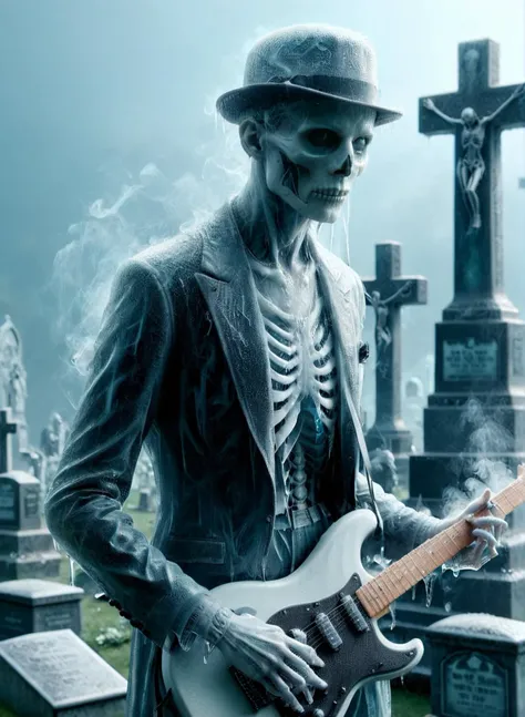 ((Cinematic film screensaver)), (full body realistic photo), (((a phantom skeleton playing the blues on a guitar))), head hung down, bowler hat, blues suit, (((on the background graveyard))), ((on the background cemetery)), (((on the background necropolis))), ral-zmbyz, <lora:ral-zmbyz:0.5>, (graves), <lora:talesofthegraveyard:0.5>, (crosses), ((ghostly skeletons of women in dresses stand nearby)), moonlit night, striving for masterpiece status, dramatic lighting, golden ratio, 8k resolution, (mysterious), (beautiful anatomically correct eyes), (((anatomically correct structure of fingers and toes))), (((five fingers on the hand))), (full screen body height:2.0), ((everything is in icy tones)), ((a painting made of ice)), ((((smoke effect)))), <lora:Ice:1.2>, ((frame filled with various details)), ((raining)), soft lighting, (Highly Detailed:1.4), <lora:add-detail-xl:0.9>, professional photo, ((64 megapixels)), HDR, (ultra high quality).