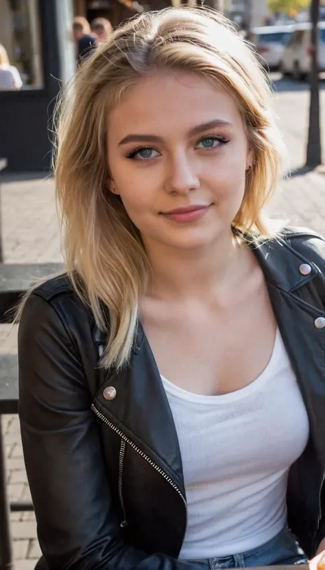 an instagram photo, perfect lighting, full body, sexy smirk,
18 year old woman,
Scandinavian, blonde hair, blue eyes, makeup, dark eyeshadow, eyeliner, small breasts, cleavage, styled hair,
sitting at a street side cafe, sunny day,
wearing a white tshirt and black leather jacket