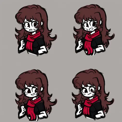 Black sweat shirt, brown hair, red scarf, full drawing, sprites