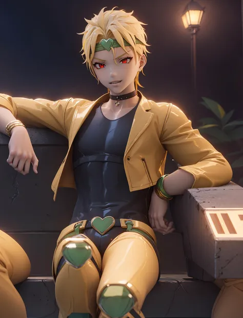 masterpiece, best quality, extreme detail, cgi, 3d, octane render, absurdres, volumetric lighting, <lora:vicinekoStyleLora284_v11:1>,(1boy), yellow,sitting, hair,dio,(yellow jacket:1.3), headband, vampire, parted lips, bracelet,leather pants, action pose,<lora:dio_v10:0.75> , red eyes, smiling, park, night, street lamps,choker, leaning, evil grin