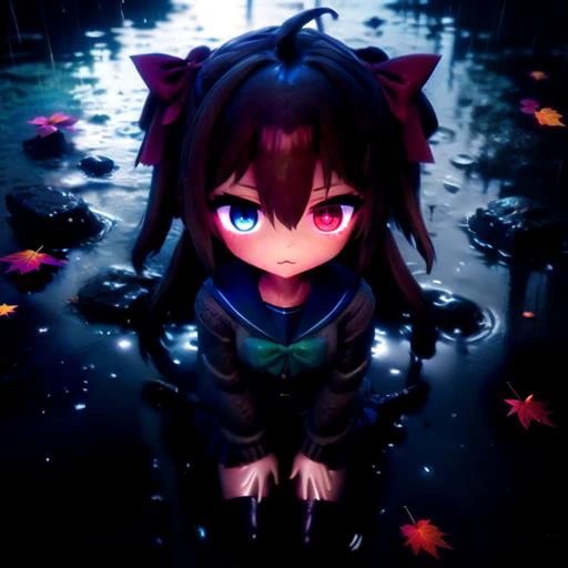 (shiny, shiny skin:1.2), (3D:0.4)
<lora:AManOfCulture3DRender[v3]:0.2>
<lora:AManOfCulture3DRender[v2]:0.4>
<lora:MMD:0.35>, mmd
<lora:ZeroMMD:0.35>, 0_mmd, soft_3d
<lora:Vicineko3:0.3>
<lora:Ultra details - add more details:0.6>, Ultra details++, add more details
<lora:BlackLightRGB:0.4>, blacklight, neon, darkroom
<lora:Blacklightstyle:0.4>, blacklightdskstyle
<lora:Dark_Style:0.45>, cinematic lighting, David Park, lights
<lora:EuphoriaStyleV19:0.4>, cinematic film still
<lora:VaporwaveAlpha:0.6>, vaporwavealpha, neon, blue
<lora:Sixpluswan art style:0.4>, Sixpluswan style

<lora:Neuro-Sama(vtb):0.8>, 1girl, Neuro-sama, :3, ahoge,very long hair,long hair,brown hair,two side up,hair bow,red bow,hairclip,heart hair ornament,hair between eyes,bangs,red eyes, (school uniform,blue sailor collar,brown cardigan,open clothes,open cardigan,white shirt,green bow,puffy long sleeves,sleeves past wrists,button badge,small breasts,blue skirt,pleated skirt,bandaid on knee,single thighhigh,asymmetrical legwear,black thighhighs,single sock,loafers)

(kneeling, on kneels, sitting on ground:1.2), <lora:md026:0.7>, MD, from above
(rain, puddles, water:1.2), (autumn leaf, sticks, stones, dirt:1.3)