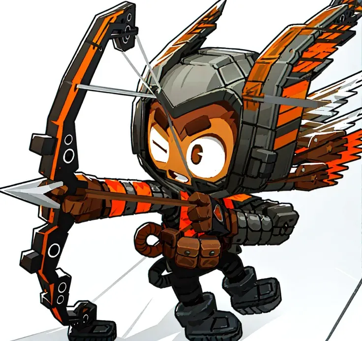 <lora:BTD6STYLELORA:0.9>,
cartoon, best quality, masterpiece , (flat shading), (simple background), (white background),
1boy,solo, smile, open mouth, gloves, holding, brown eyes, full body, weapon, boots, one eye closed, black footwear, holding weapon, transparent background, helmet, outstretched arm, brown gloves, pouch, black colored bow (weapon), arrow (projectile), holding bow (weapon), aiming, holding arrow, drawing bow, from side, looking to the side