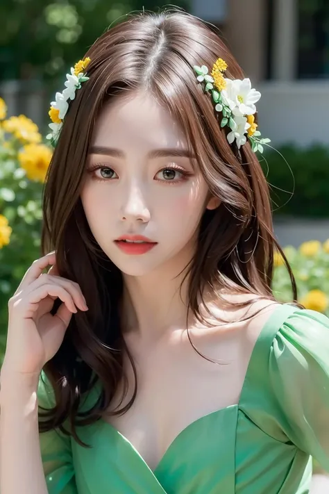 Best quality, masterpiece, ultra high res, (photorealistic:1.4), raw photo, 1girl, green dress, closeup, looking at viewer, garden, flowers, flower hair ornament
