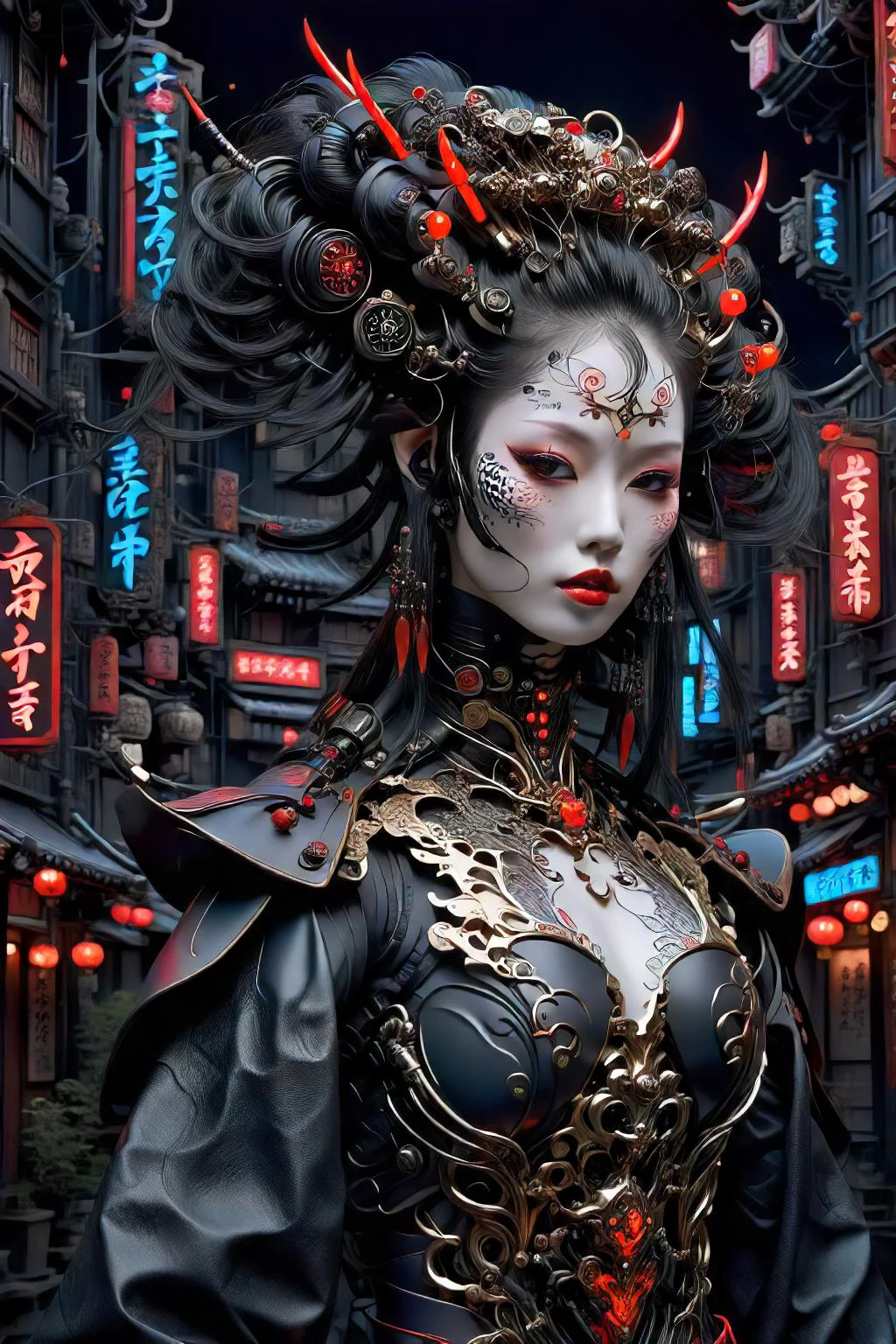 (full body shot:1.2), hero view,
inematic photo choker, realistic, 1girl, a mysterious japnanese cyborg woman, dark gothic science fiction city filled with gothic buildings, neon signs, glowing lanterns, black leather japanese clothes, hair sticks, lipstick, makeup, jewelry, eyeshadow, red lips, hair ornament, futuristic, stunning, attractive, intricate, highly decorated, elegant, luxury, elite, dramatic light, cable, mechanical parts,
<lora:PE_NeonSignStyle:0.1> <lora:Fflix-Geisha:0.8> fflix-geisha <lora:ByteBlade:0.8>