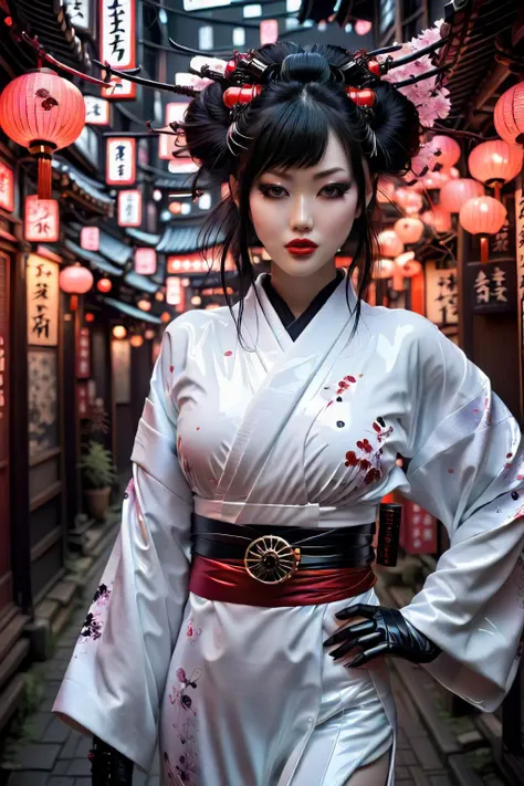 (full body shot:1.2), hero view,
cinematic photo, realistic, 1girl, a mysterious japnanese woman, dark gothic science fiction city filled with gothic buildings, neon signs, glowing lanterns, (shiny white patent leather japanese clothes, kimono:1.8), hair sticks, lipstick, makeup, jewelry, eyeliner, eyeshadow, red lips, hair ornament, futuristic, stunning, attractive, intricate, highly decorated, elegant, luxury, dramatic light, mechanical parts, sexy, (skimpy:1.5), nsfw, (large breasts:2.0), choker, gloves, skin tight,
<lora:PE_NeonSignStyle:0.1> <lora:Fflix-Geisha:0.9> fflix-geisha <lora:ByteBlade:0.2>