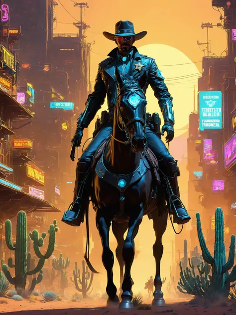 Amidst a sprawling neon-lit western metropolis, a cyber-enhanced sheriff stands tall, donning a fusion of cowboy attire and sleek cybernetic implants. Their Stetson hat casts a shadow over augmented reality lenses as they navigate the digitalized wild west. Riding a robotic steed through holographic tumbleweeds and towering virtual cacti, they uphold justice in this cyber-frontier, reminiscent of old-west legends with a futuristic twist, <lora:ByteBlade:1>