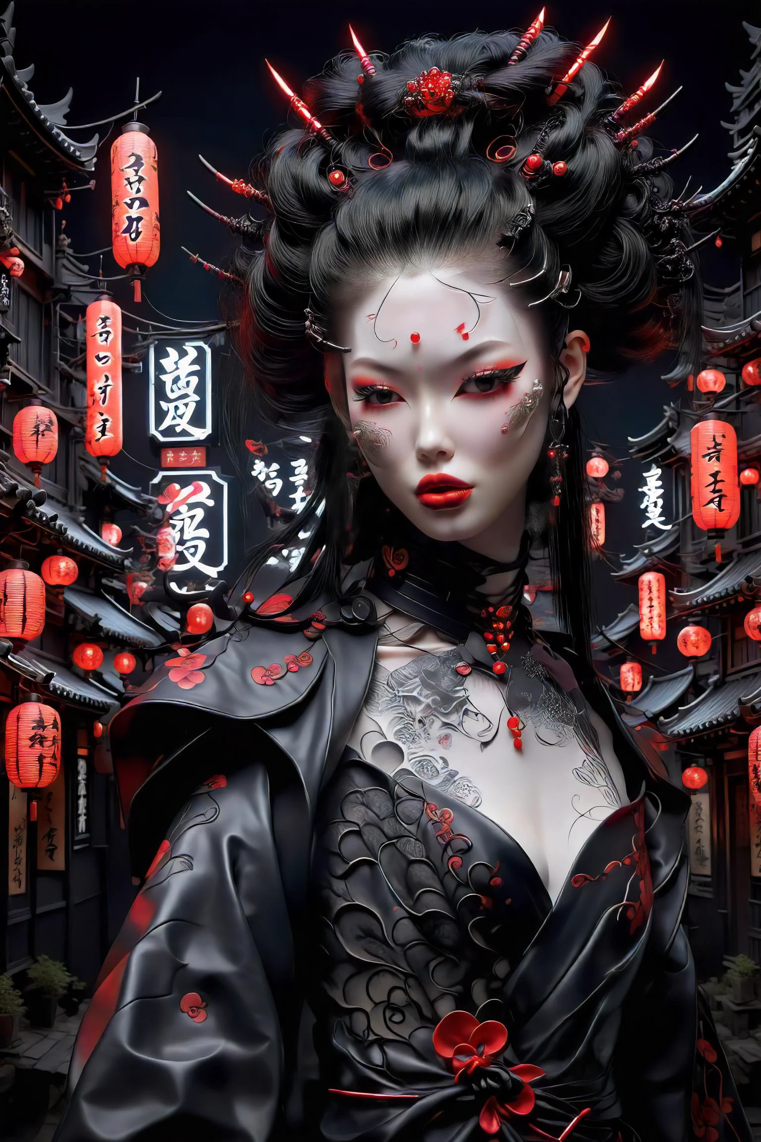 (full body shot:1.2), hero view,
inematic photo choker, realistic, 1girl, a mysterious japnanese woman,, dark gothic modern city filled with gothic buildings, neon signs,glowing lanterns, black leather japanese clothes, hair sticks, lipstick, makeup, jewelry, eyeshadow, red lips, hair ornament, futuristic, stunning, attractive, intricate, highly decorated, elegant, luxury, elite, dramatic light,
<lora:PE_NeonSignStyle:0.1> <lora:Fflix-Geisha:0.8> fflix-geisha <lora:ByteBlade:0.8>