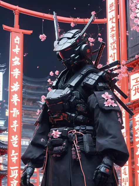 In the heart of a sprawling metropolis, an enigmatic cybernetic ninja stands sentinel at a digitalized Shinto temple. Clad in a stealth suit melded with ancient ninja garb, their cyber-embedded shurikens gleam amidst the neon glow. They protect the temple's sacred servers, where pixelated torii gates and virtual cherry blossoms exist in a digital sanctuary, blending spiritual tradition with technological defense , <lora:ByteBlade:1>