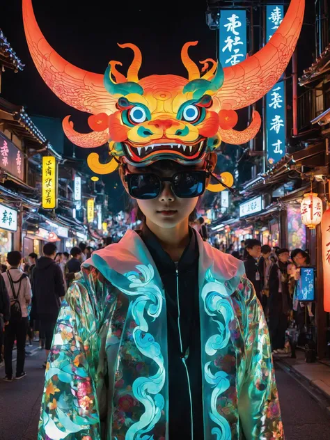 During an annual festival, the streets transform into an augmented reality playground merging ancient Yokai spirits with futuristic technology. Attendees wear AR glasses to interact with holographic Yokai creatures that roam the neon-infused streets. Traditional lanterns float alongside digital projections of mythical beings, creating an immersive experience where folklore and digital innovation coalesce in a captivating celebration, <lora:ByteBlade:1>