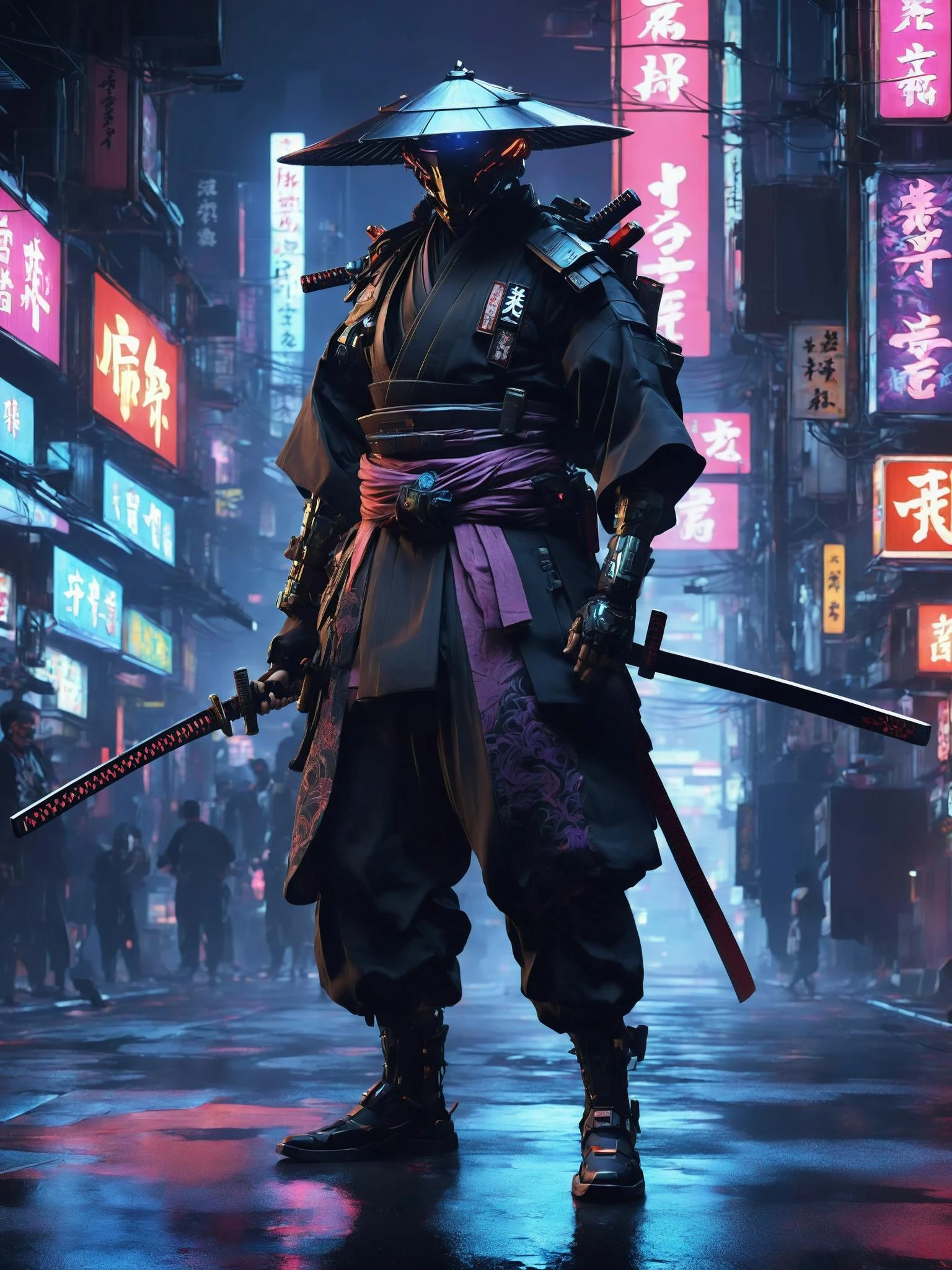 A ronin, augmented with cybernetic enhancements, wanders through the dark underbelly of a cybernetic Yakuza underworld. Clad in a mix of traditional hakama pants and modernized armor, they wield a plasma-infused katana, carving a path through the neon-lit shadows. The bustling streets echo with the whispers of a digitalized underworld, where honor clashes with corruption in this cyber-enhanced feudal landscape , <lora:ByteBlade:1>