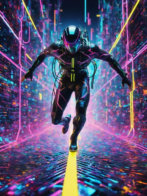 Psychedelic net dive, a cyber-surfer navigating through a web of neon-lit data streams, dodging digital obstacles with fluid grace. , Artificial intelligence, Blade punk, <lora:ByteBlade:1>