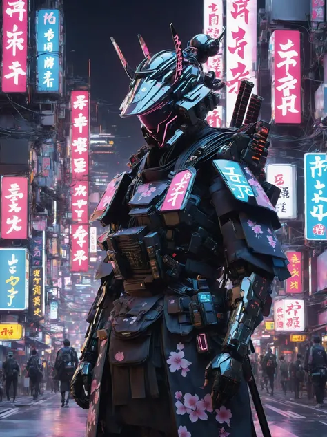 In a futuristic cyberpunk world blending traditional Japanese aesthetics with advanced technology, a lone cyborg samurai roams the neon-lit streets. Clad in sleek armor adorned with intricate kanji symbols, their cybernetic enhancements seamlessly integrated with the ancient art of swordsmanship. The cityscape, a fusion of soaring skyscrapers and traditional pagoda-style structures, pulsates with vibrant holographic billboards displaying kanji characters and futuristic neon signs. Amongst the chaos of the bustling metropolis, cherry blossom petals dance in the air, a poignant reminder of the harmony between nature and the cybernetic urban sprawl. The samurai's katana, equipped with holographic enhancements, reflects the neon glow, ready to defend honor and tradition in this techno-oriental landscape , <lora:ByteBlade:1>