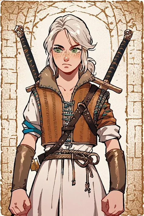 score_9, score_8_up, score_7_up, score_6_up, score_5_up source_anime,  <lora:Ciri-Young:0.8> ciri_young, tunic, vest, leather bracers, belt, ponytail, , green eyes, freckles, sword, castle background, <lora:pony_good_hands:1> good_hands, better_hands, detailed eyes