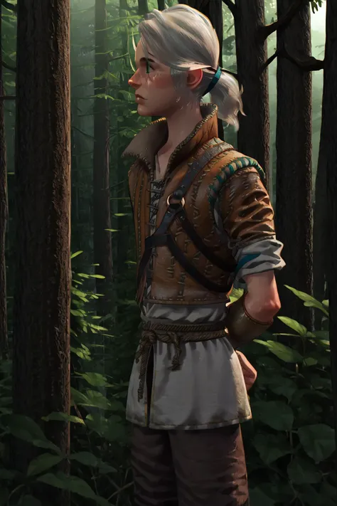 score_9, score_8_up, score_7_up, score_6_up, score_5_up source_anime,  <lora:Ciri-Young:0.8> ciri_young, tunic, vest, leather bracers, belt, standing, ponytail, brown pants, leather boots, forest, green eyes, freckles, hands behind back, <lora:pony_good_hands:1> good_hands, better_hands, <lora:OtherStyle_03:0.7>, <lora:The_last_of_us_Style:0.4>, (dark background 1.4),