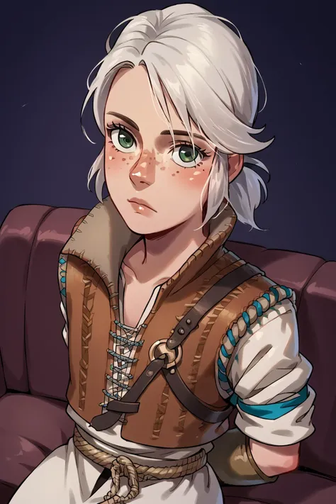 score_9, score_8_up, score_7_up, score_6_up, score_5_up source_anime,  <lora:Ciri-Young:0.8> ciri_young, tunic, vest, leather bracers, belt, sitting, ponytail, sofa, green eyes, freckles, hands behind back, birds-eye-view, looking at viewer, <lora:pony_good_hands:1> good_hands, better_hands, <lora:OtherStyle_03:0.7>, <lora:The_last_of_us_Style:0.4>, (dark background 1.4),