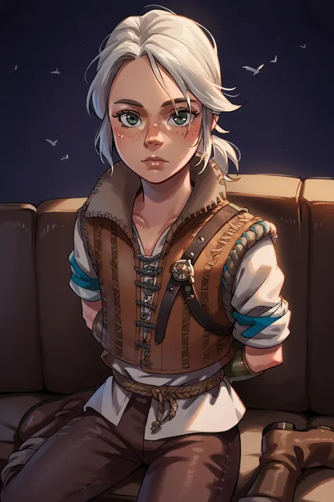 score_9, score_8_up, score_7_up, score_6_up, score_5_up source_anime,  <lora:Ciri-Young:0.8> ciri_young, tunic, vest, leather bracers, belt, sitting, ponytail, brown pants, leather boots, sofa, green eyes, freckles, hands behind back, birds-eye-view, looking at viewer, <lora:pony_good_hands:1> good_hands, better_hands, <lora:OtherStyle_03:0.7>, <lora:The_last_of_us_Style:0.4>, (dark background 1.4),